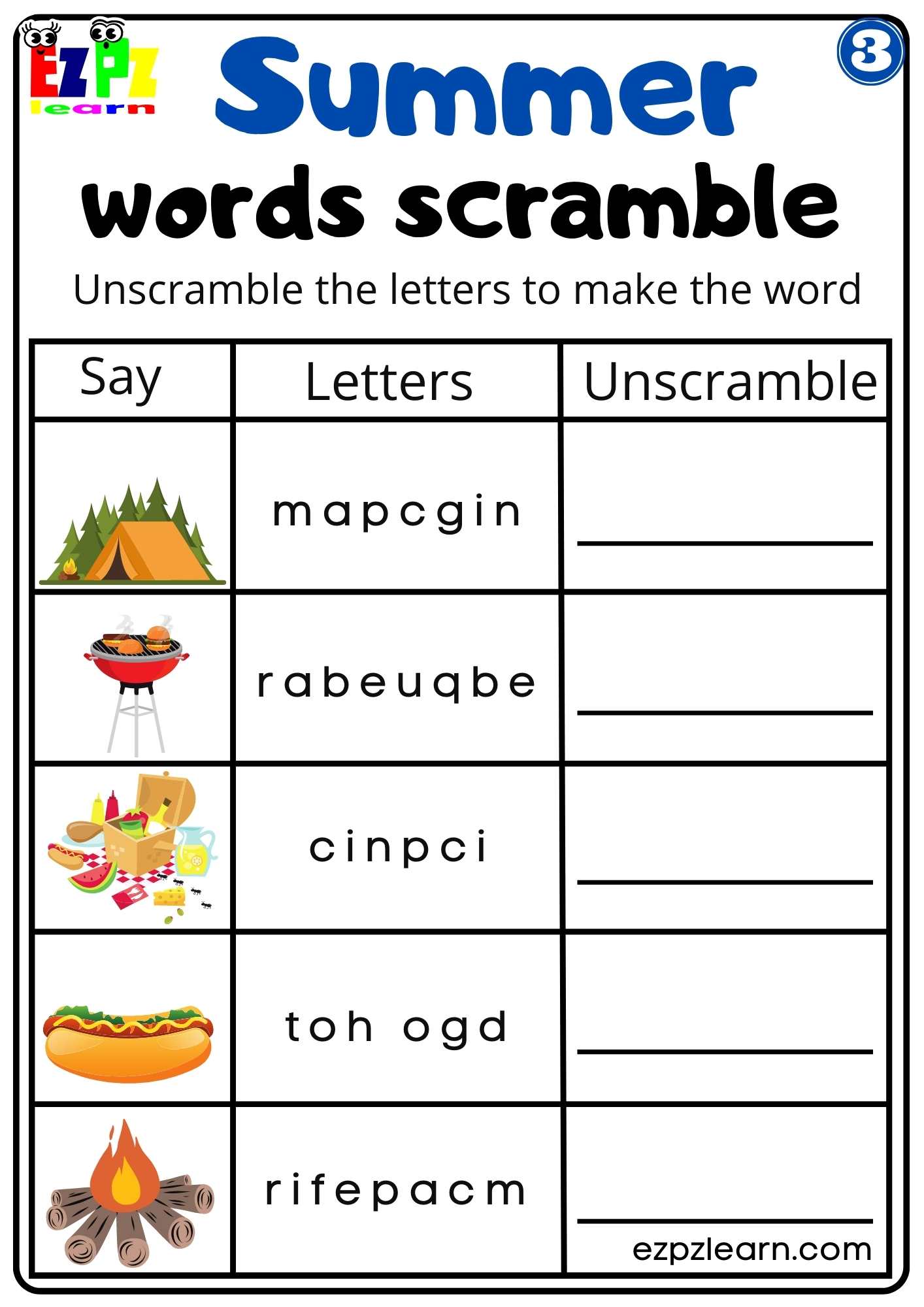 Summer and Beach Word Scramble activity for kids set 3